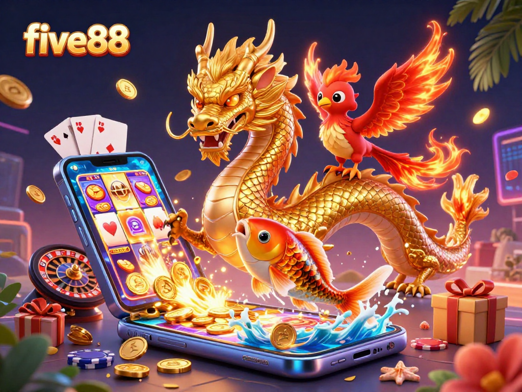 Engage with five88 through a vibrant scene featuring a dragon, phoenix, and koi fish amidst interactive casino elements.