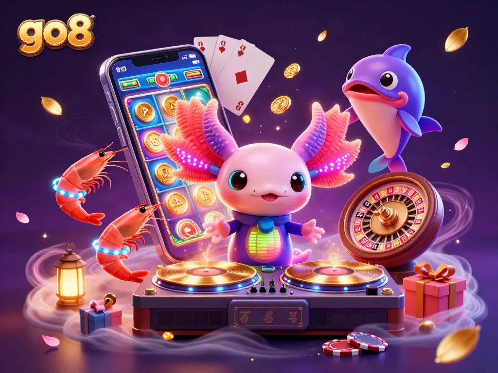 Spin the reels with go8's lively axolotl DJ and a dynamic shrimp crew in a vibrant underwater casino scene.