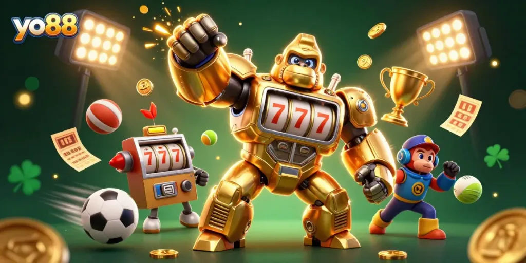 Experience thrilling gameplay at yo88 with a 3D transformer golden gorilla mech amidst exciting sports elements.