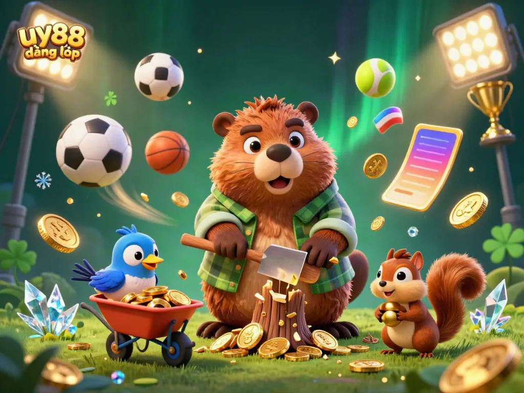 Experience the excitement of uy88 đăng nhập with our vibrant 3D casino scene featuring characters and dynamic gaming elements.
