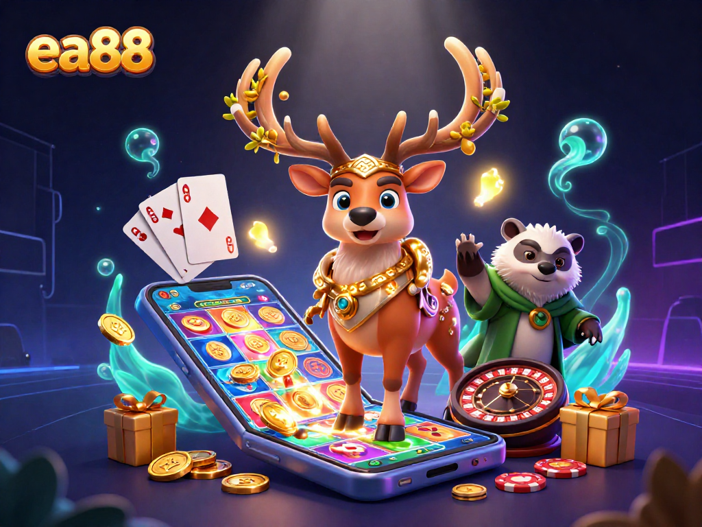 ea88 players engaging with slot games and dynamic elements in a vibrant casino scene