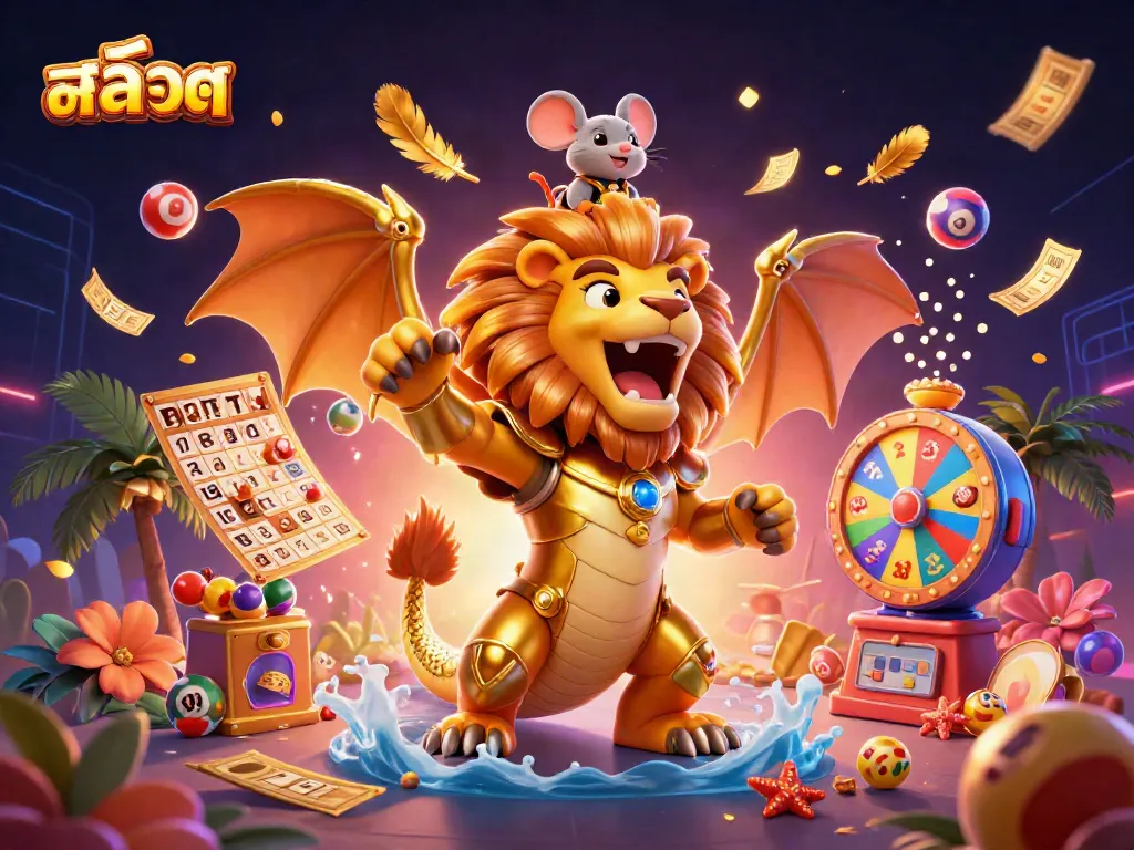 Experience the thrill of สล็อต with a triumphant chimera, vibrant lottery elements, and excitement in this captivating illustration.