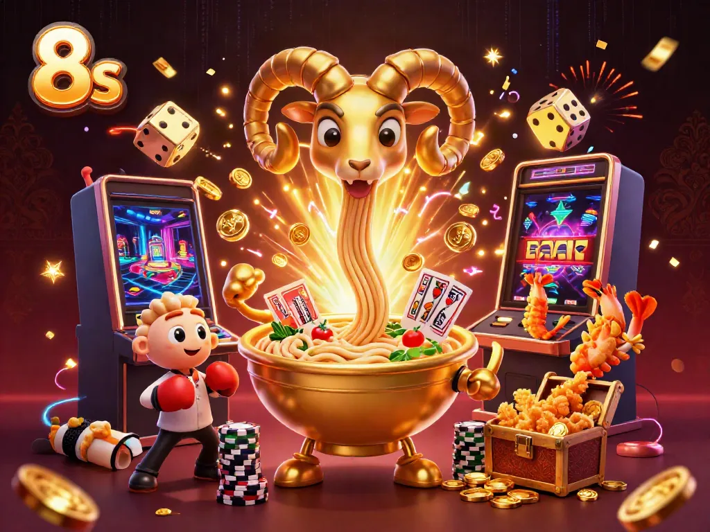 Experience the excitement of 8s with a vibrant casino scene featuring animated characters and slot machine joy.