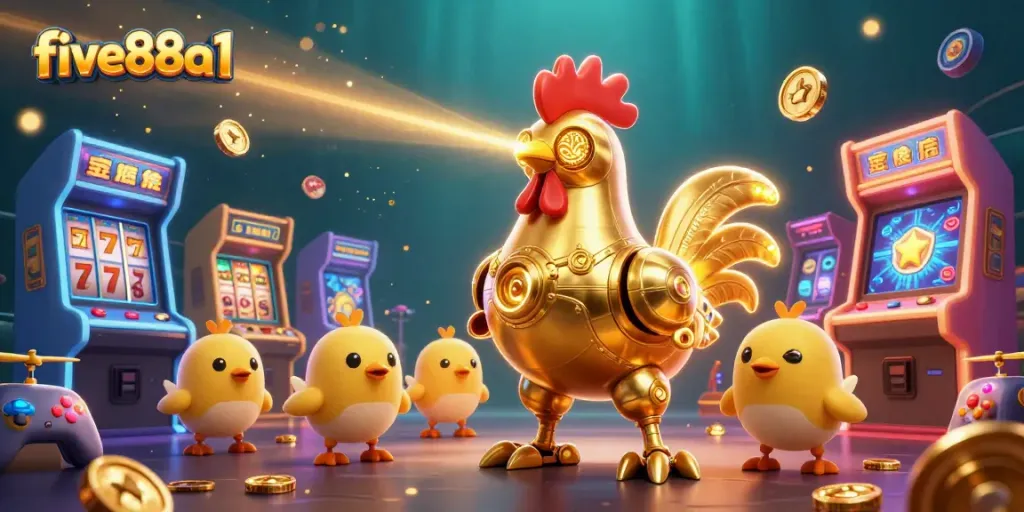 Engage in thrilling slot games with five88a1, featuring a golden rooster robot amidst colorful arcade elements.