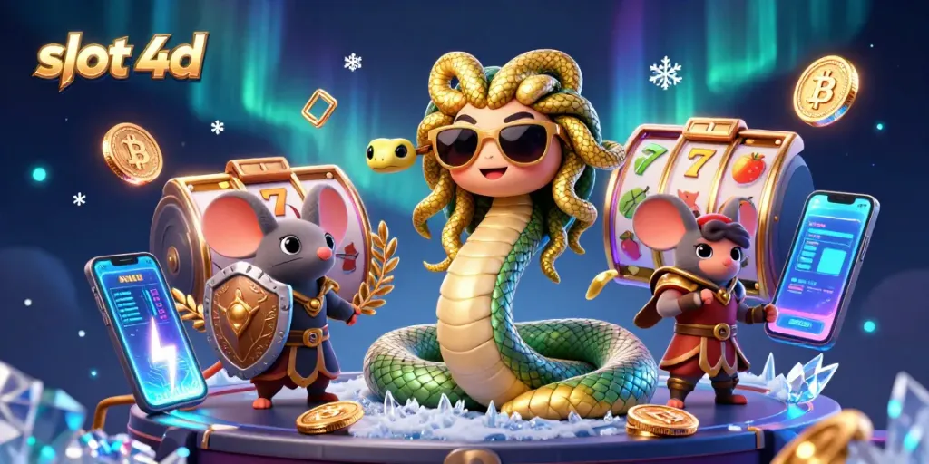 Slot 4D dengan Medusa ramah dan mouse pejuang mengeksplorasi simbol permainan slot yang menarik.