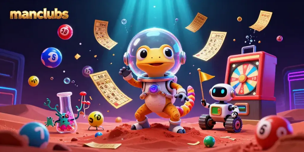 Experience manclubs with a playful Martian gecko exploring a vibrant golden casino scene.