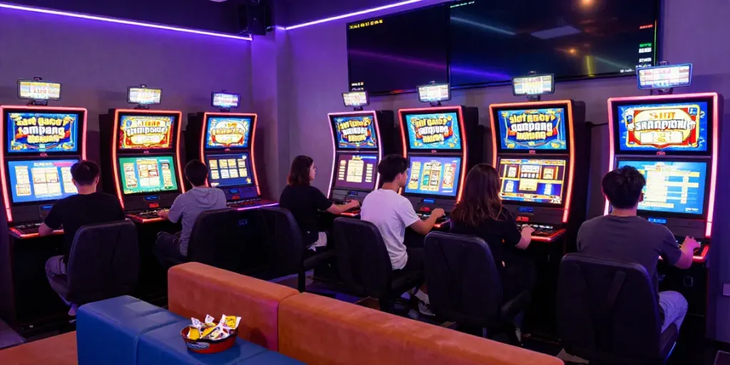 Excited players enjoying slot gacor gampang menang in a vibrant gaming lounge with neon lights.