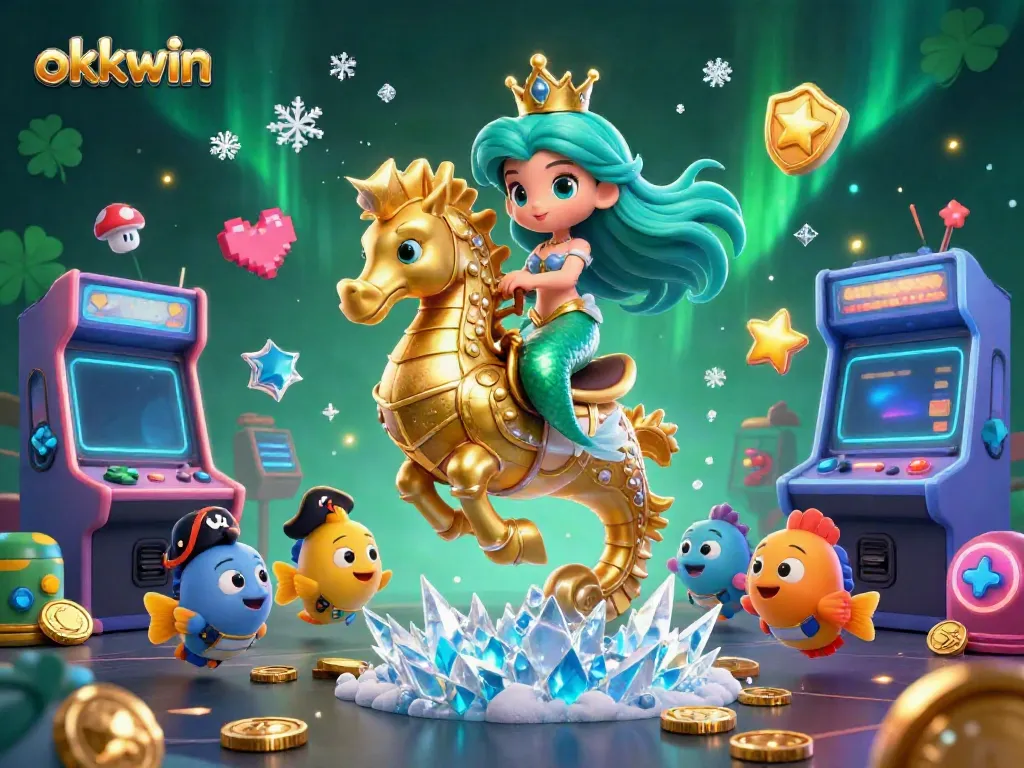 Win big at okkwin with a magical 3D casino scene featuring a mermaid princess and seahorse!