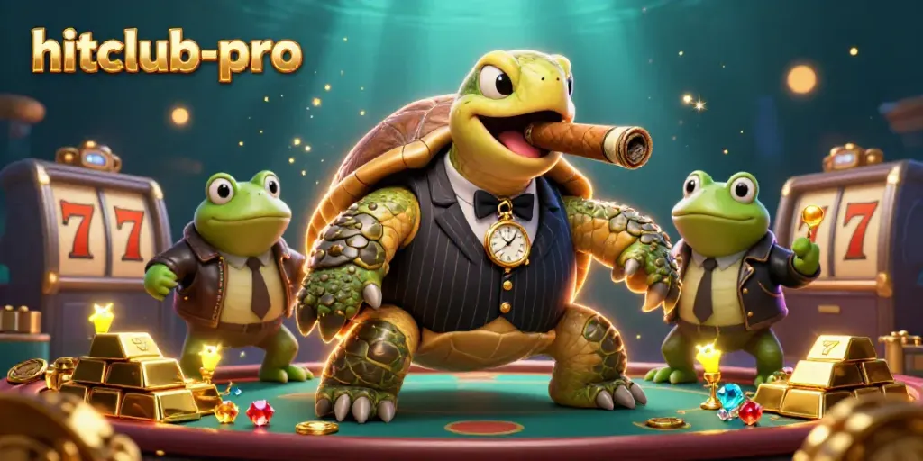 Experience thrilling wins with hitclub-pro, featuring a mobster turtle and frog enforcers in a vibrant casino setting.