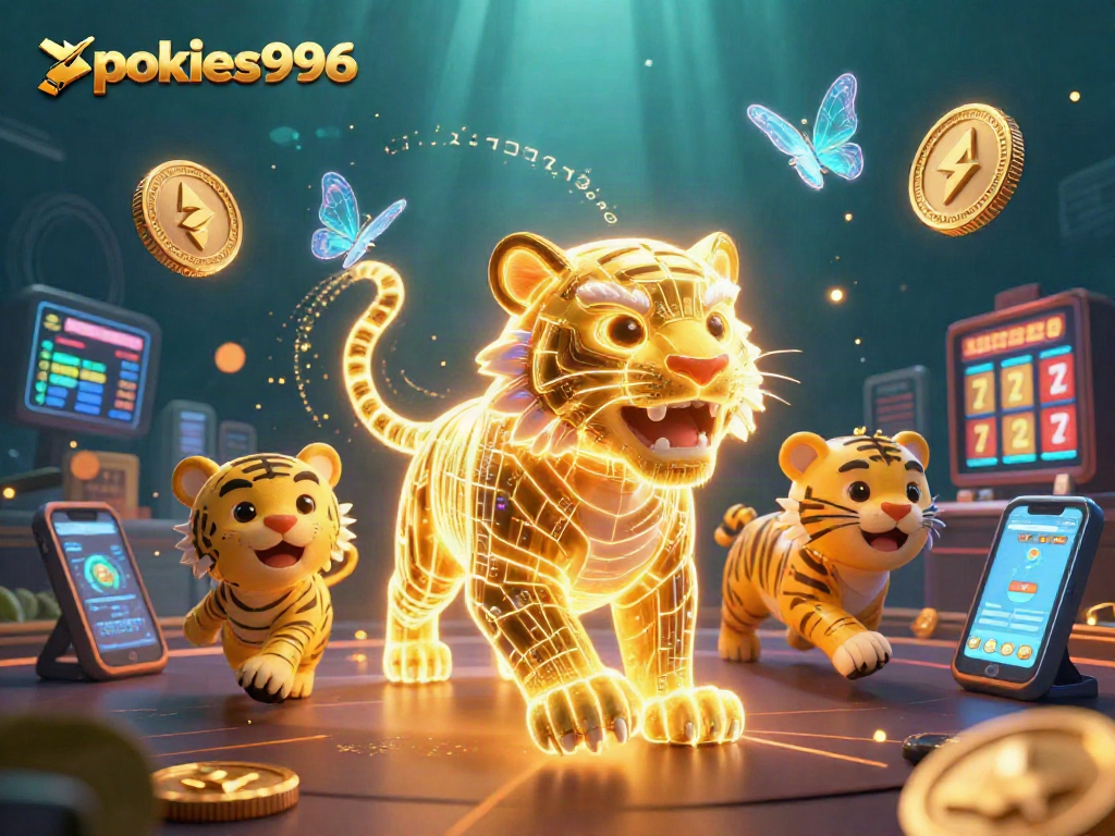 Experience pokies996 with a vibrant illustration of a golden tiger amidst dynamic slots and crypto elements.