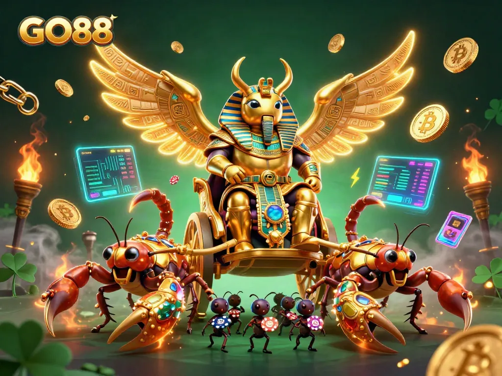Engage in thrilling gambling experiences with GO88's vibrant 3D casino scene featuring golden elements and dynamic characters.