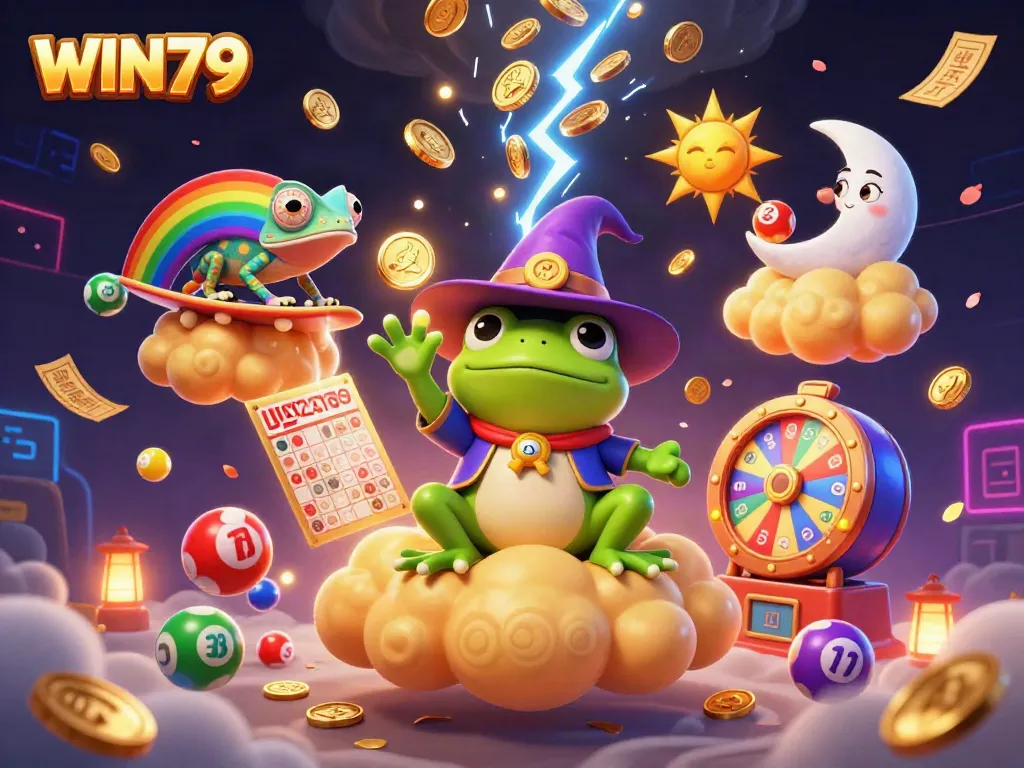 Experience the excitement of WIN79 with a 3D fantasy scene of casino elements and vibrant characters.