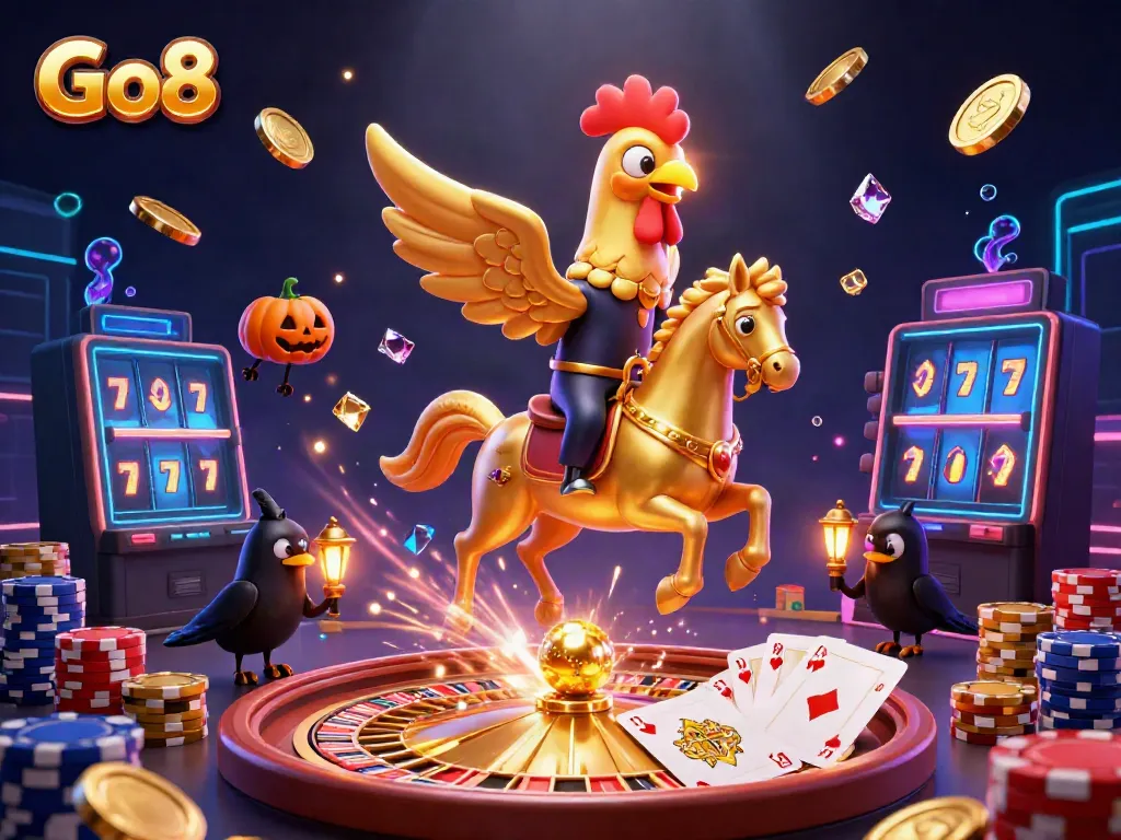 Experience the excitement of Go8 casino games with a vibrant 3D illustration of a golden rooster and magical ambiance.