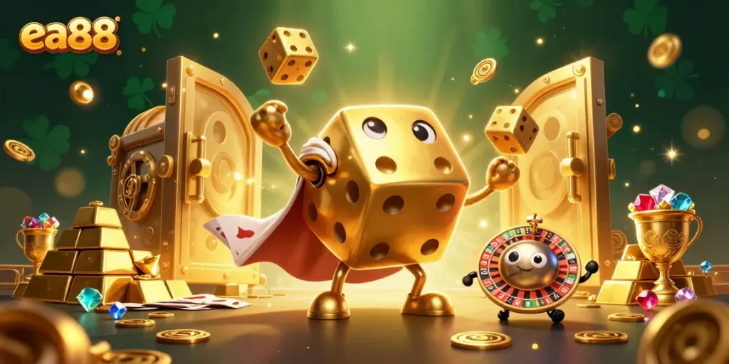 Experience thrilling gameplay with ea88, where golden dice and jackpots await in a vibrant casino scene.