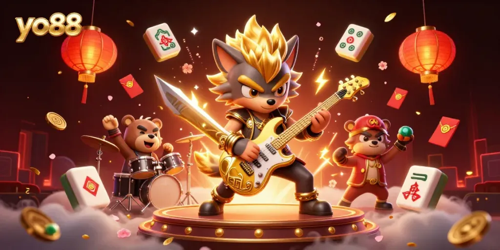 Experience the excitement of yo88 with this vibrant casino scene featuring a rock star wolf and wild drummer bear.