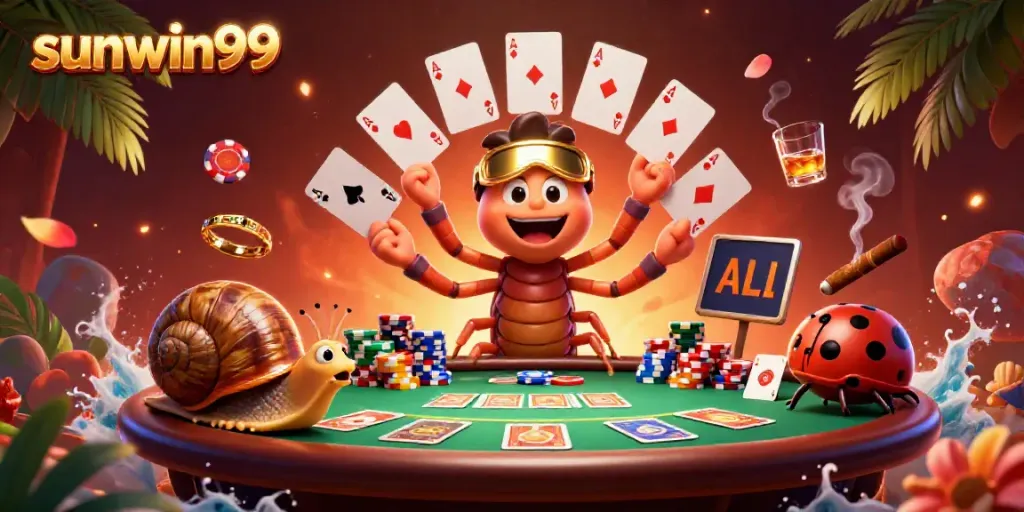 Experience the thrill of sunwin99 with a vibrant 3D casino scene featuring colorful poker chips and engaging characters.
