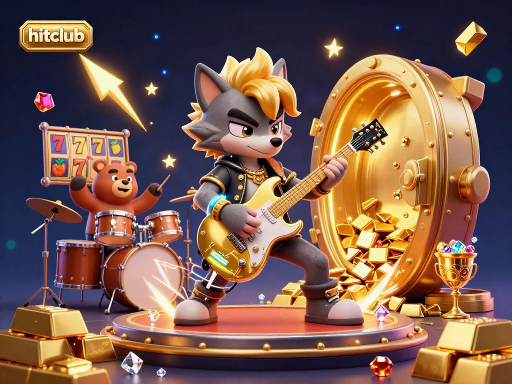 Experience vibrant hitclub casino action with a rock star wolf and animated treasures on stage.