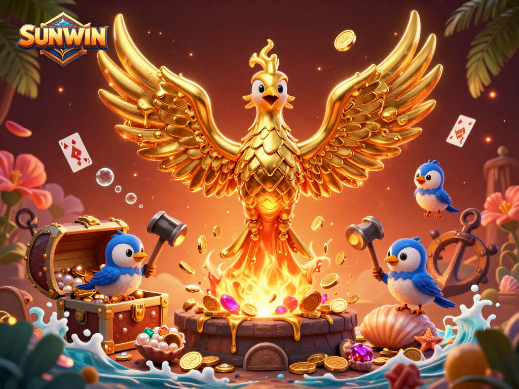 SUNWIN ignites excitement with golden phoenix and treasure in a vibrant casino scene.