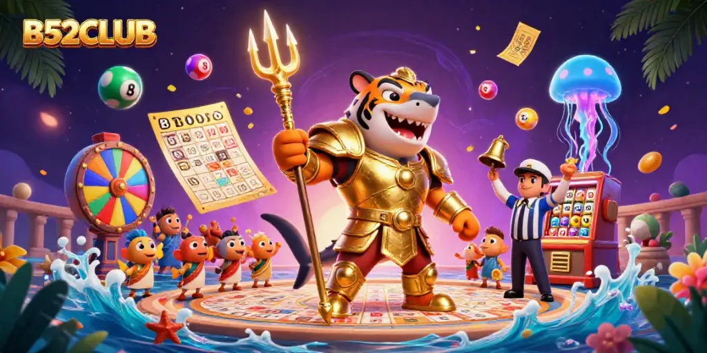 B52CLUB showcases an epic underwater gladiator battle with vibrant casino elements.