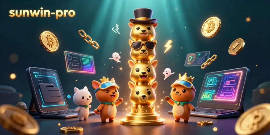 Engage with sunwin-pro, visualizing a vibrant casino scene featuring a golden totem pole amidst crypto symbols.