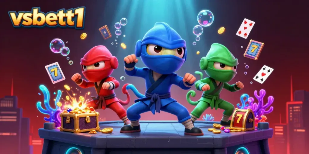 Engage with vsbett1 characters in an action-packed 3D casino scene filled with vibrant gaming elements.