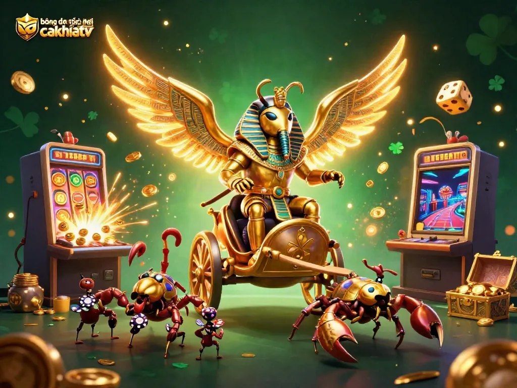 Engage in bóng đá trực tuyến cakhiatv with 3D chariot, golden coins, and vibrant gaming elements.