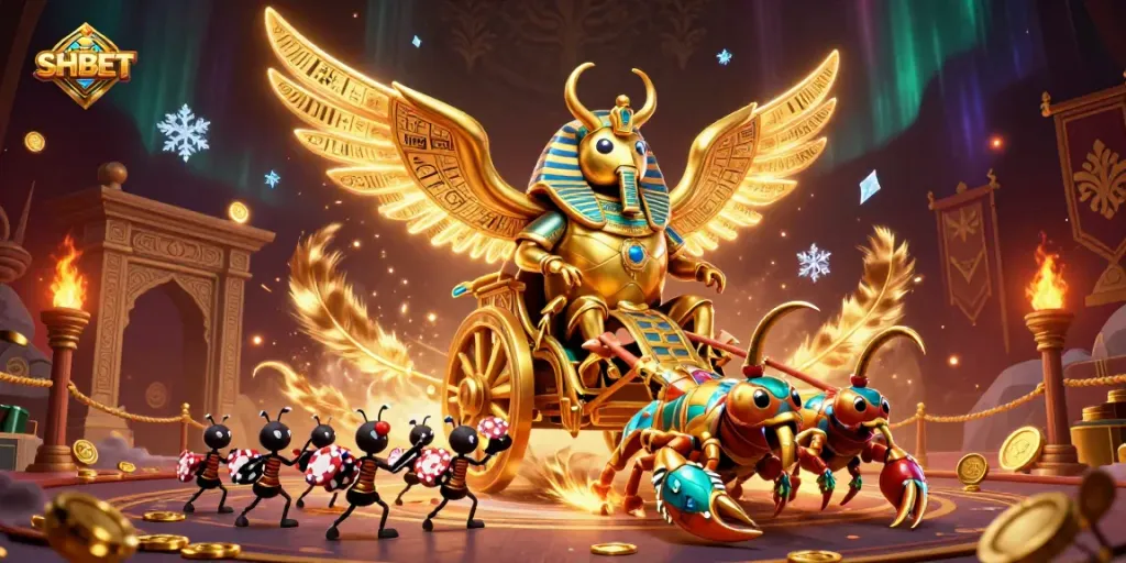 Experience the vibrant world of SHBET with a colossal golden scarab beetle and a dynamic casino scene.