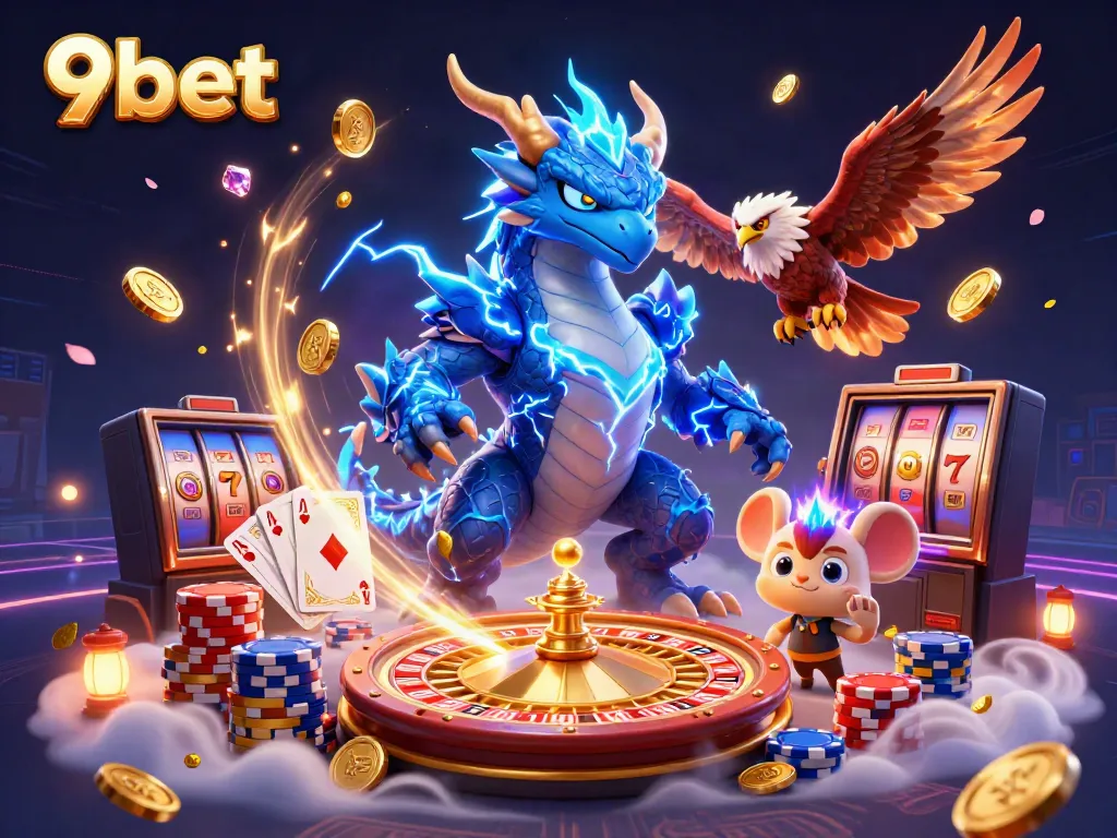 Engage in thrilling gameplay with 9bet's animated characters amidst dazzling casino elements.