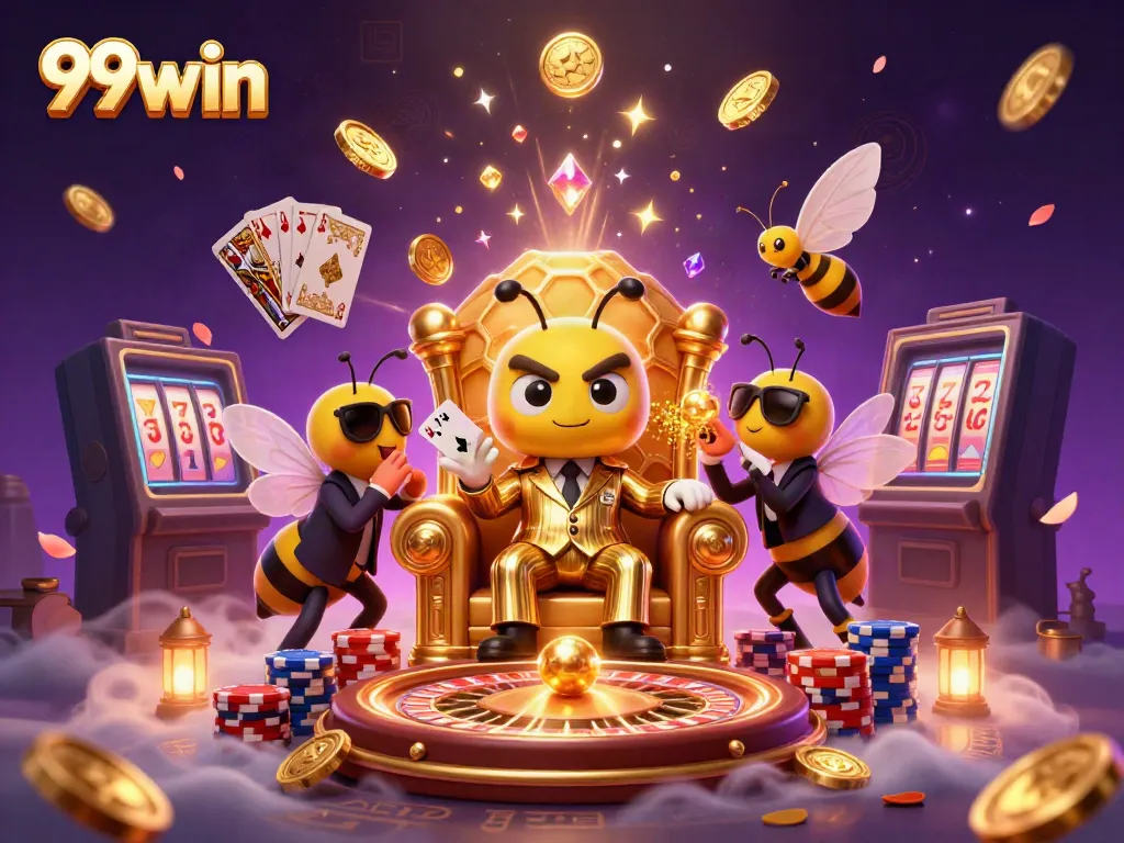 Experience thrilling gaming at 99win with a vibrant casino scene featuring a charming bumblebee mob boss.
