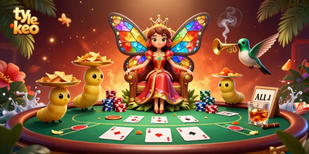 Experience thrilling ty le keo action with a vibrant scene of poker excitement and a majestic butterfly queen.