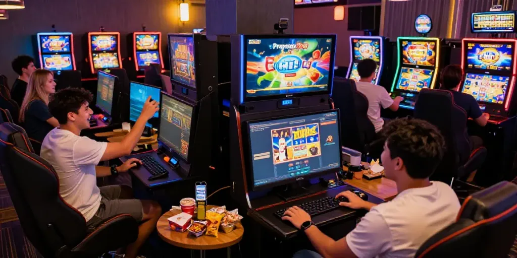 Engaged players enjoying kayu77 online slots in a dynamic gaming lounge.
