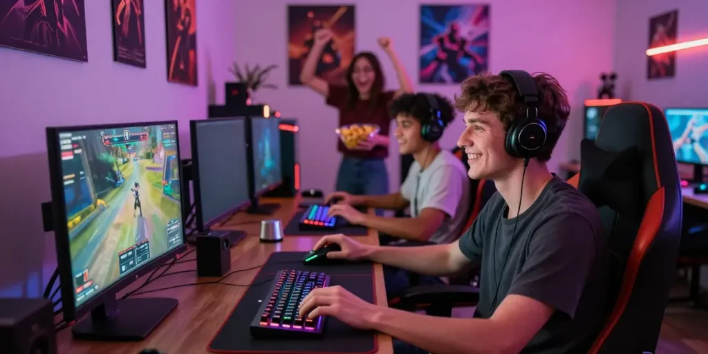 Kilat404 gaming scene featuring diverse friends engaged in lively online gaming with vibrant decor.