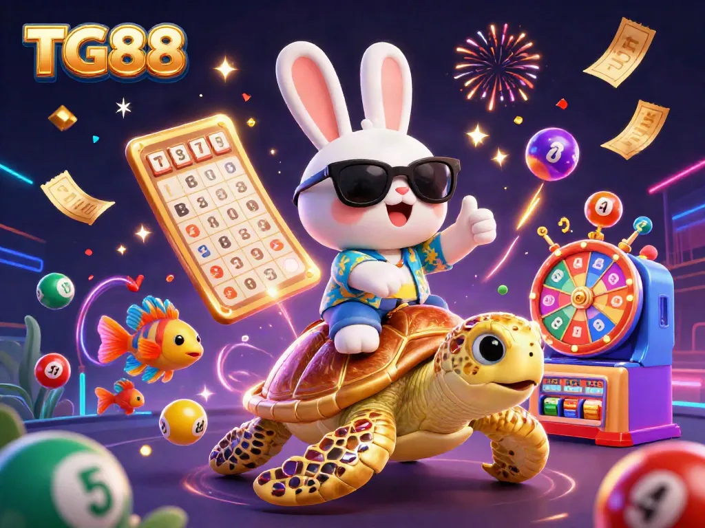 Experience excitement with TG88 as a lucky rabbit rides a golden sea turtle in a vibrant casino scene.