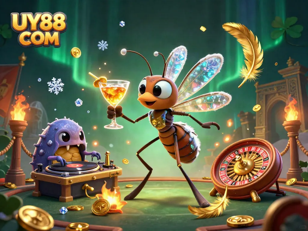 Engage with UY88 COM as a unique online casino featuring a playful mosquito mascot with vibrant gaming elements.