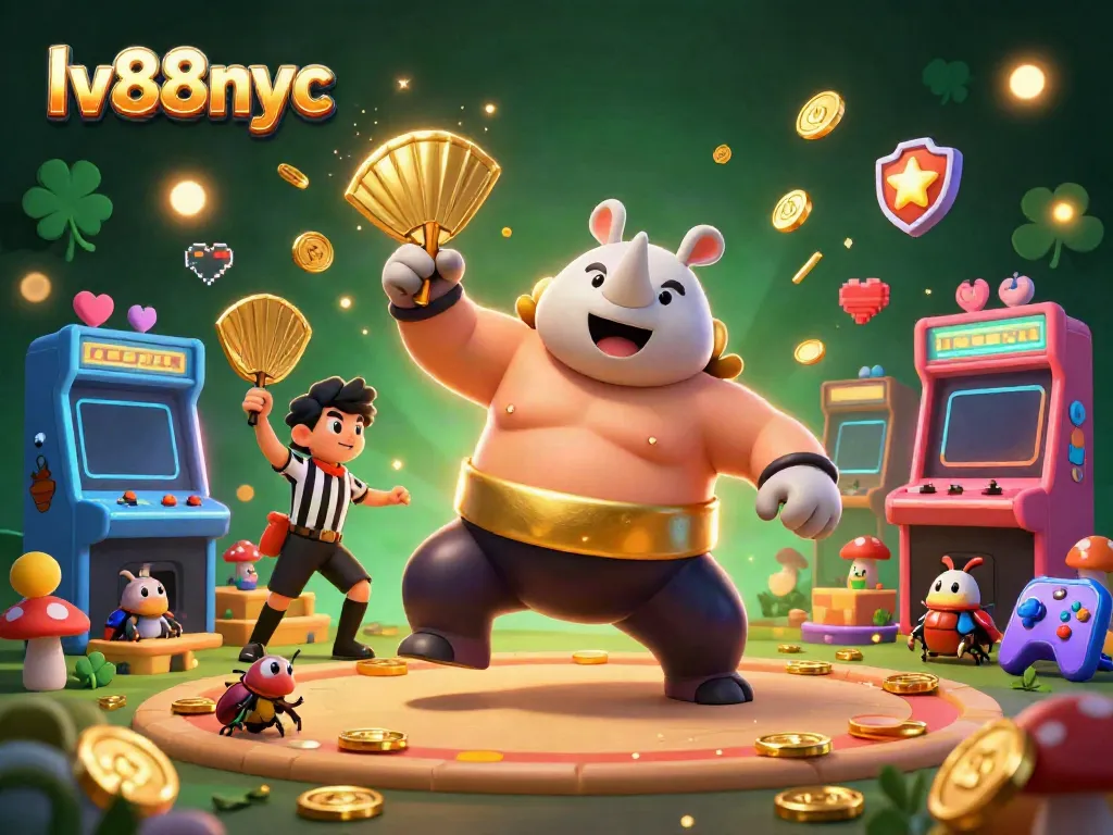 Experience thrilling gameplay with lv88nyc, featuring a cartoon beetle champion in action surrounded by vibrant casino elements.