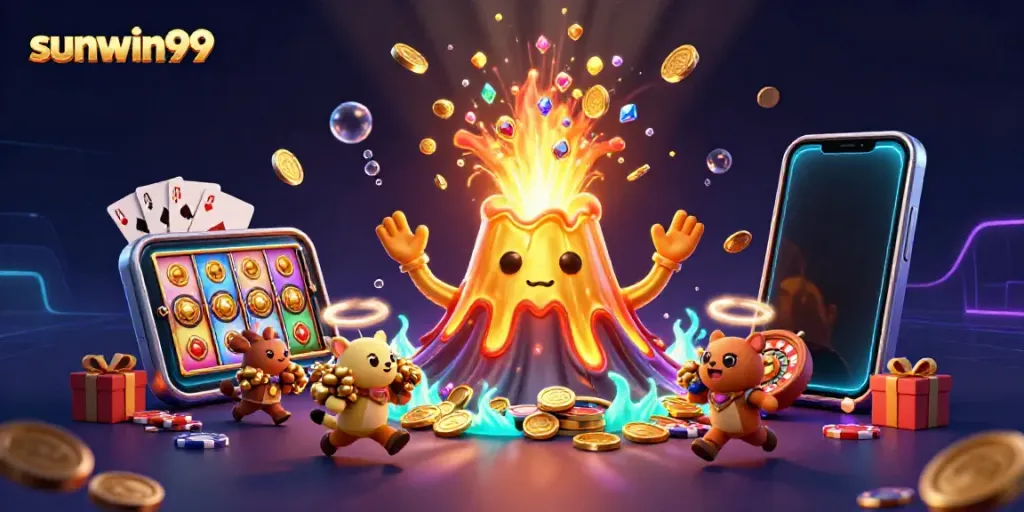 Experience the excitement of sunwin99 with a cartoon volcano and treasure-filled scene in a vibrant casino backdrop.