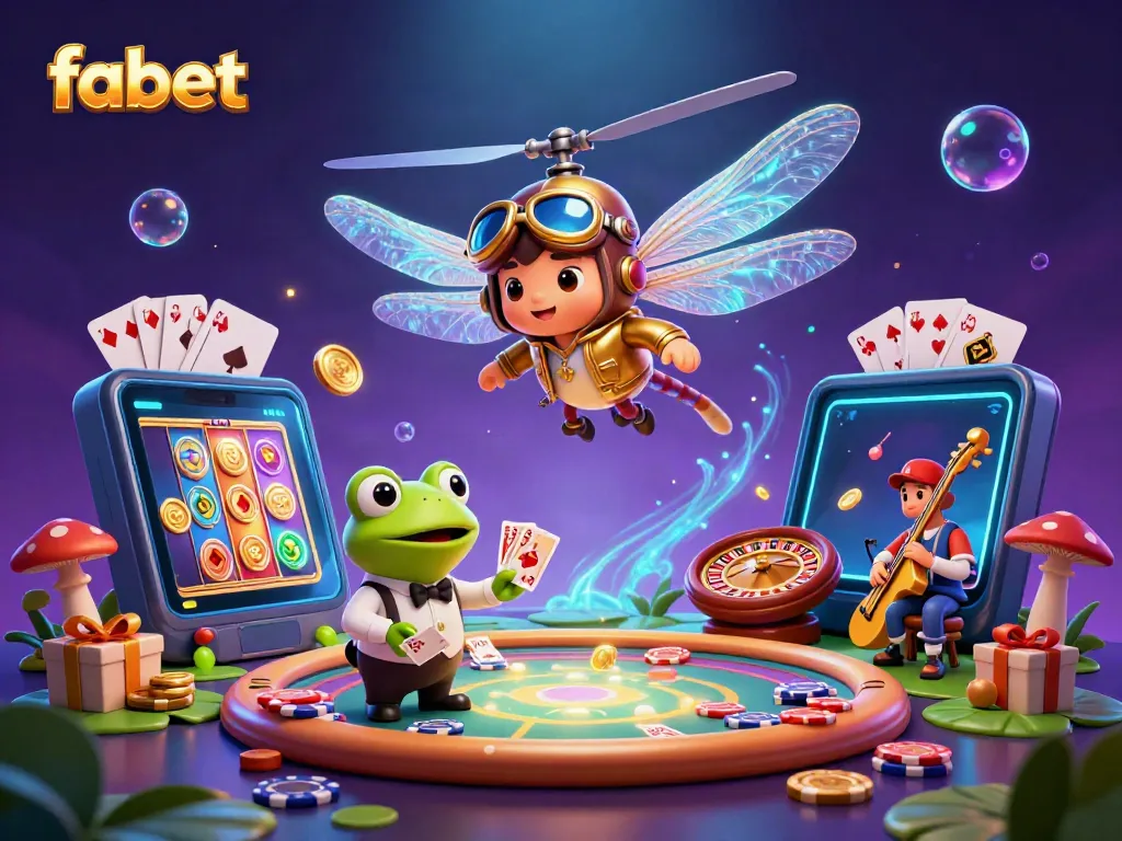Experience the vibrant world of fabet with a 3D dragonfly pilot, frog croupier, and lively music scene.