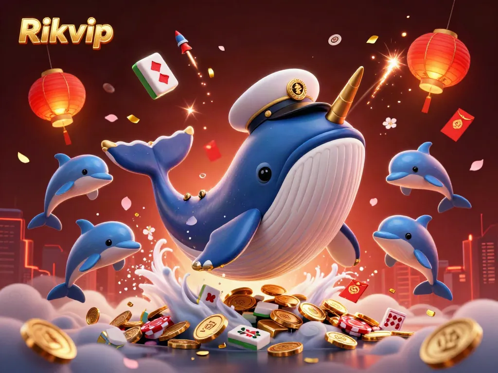 Engage with Rikvip's vibrant casino world featuring whales and playful dolphins amid floating game elements.