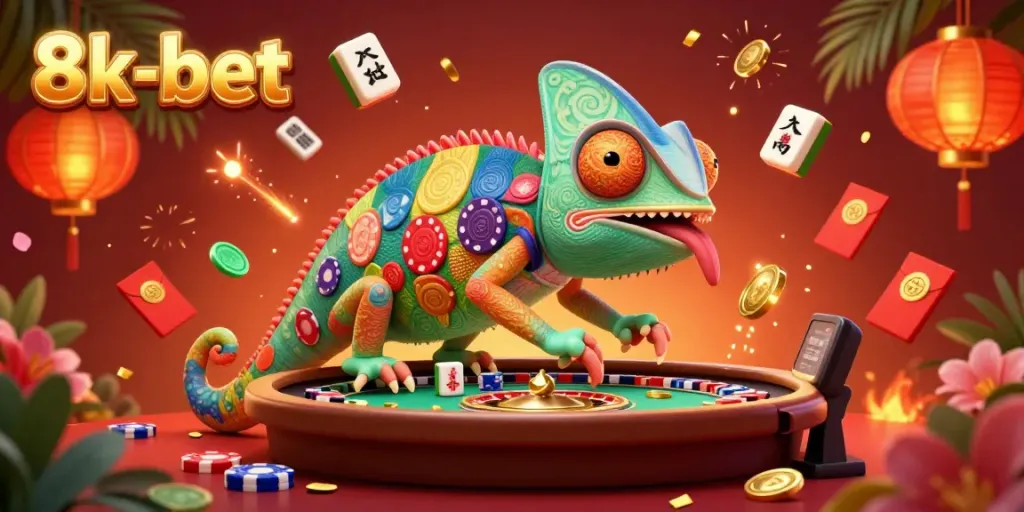 Experience winning moments at 8k-bet with a vibrant 3D casino scene featuring a chameleon owner.