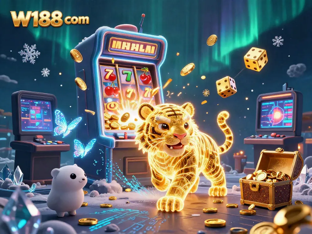 Experience the vibrant digital casino world with W188 com, featuring a golden tiger surrounded by slot machines and glowing treasures.