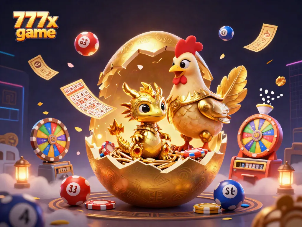 Experience thrilling 777x game action with a golden dragon and vibrant casino elements in this magical illustration.