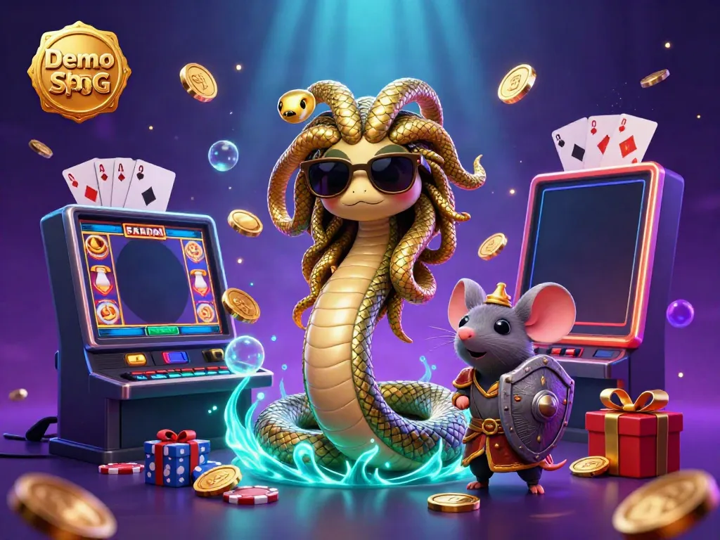 Engage with Demo Slot PG through vibrant slot games, featuring Medusa and a warrior mouse in a dynamic casino scene.
