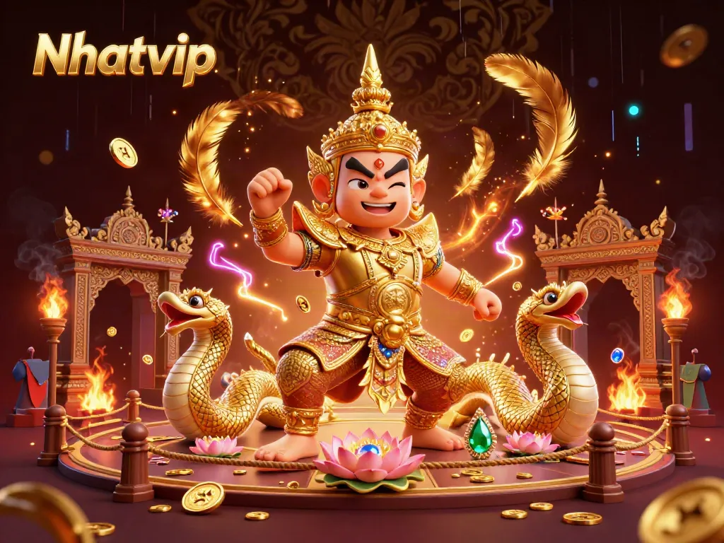 Nhatvip showcases dynamic 3D casino guardians and gold coins in an enchanting gambling arena.