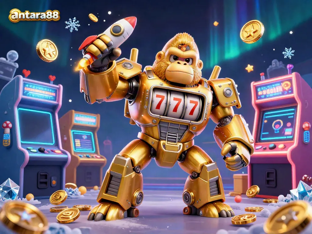 Experience thrilling gameplay with antara88's jackpot-revealing golden gorilla mech illustration, bursting with casino elements.