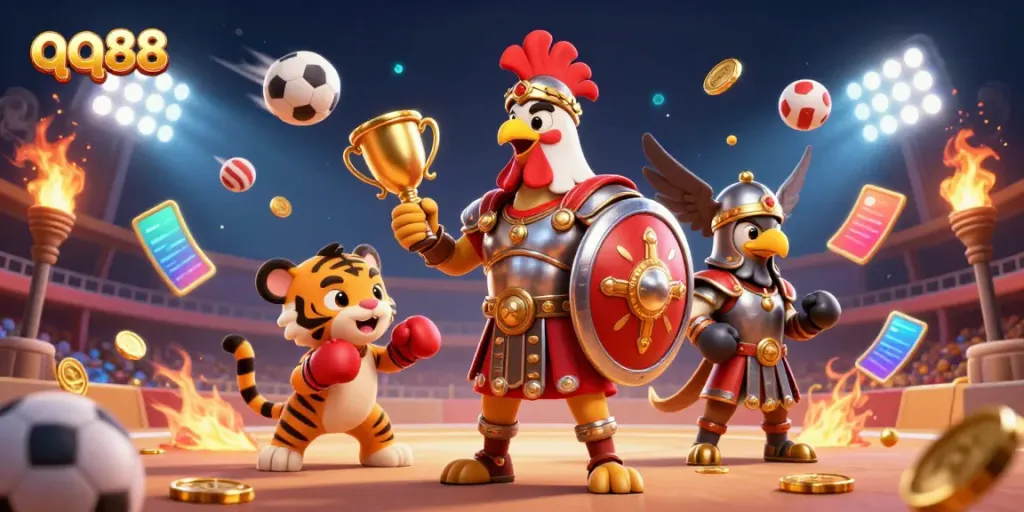 Engage with thrilling bets at qq88 through a vibrant casino scene featuring a rooster and tiger cub.