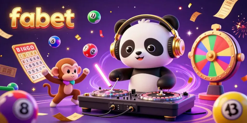 Experience the thrill of fabet with a lively 3D casino scene showcasing a DJ panda and friends enjoying a vibrant party atmosphere.