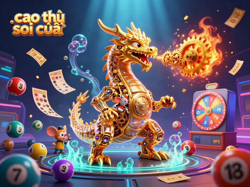 Cao thủ soi cầu with a golden dragon and colorful lottery dynamics creating excitement in a vibrant casino scene.