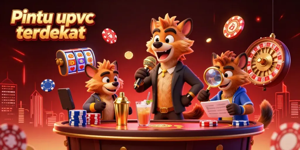 Pintu upvc terdekat hyenas entertaining in a lively casino scene with slot reels and poker chips around.
