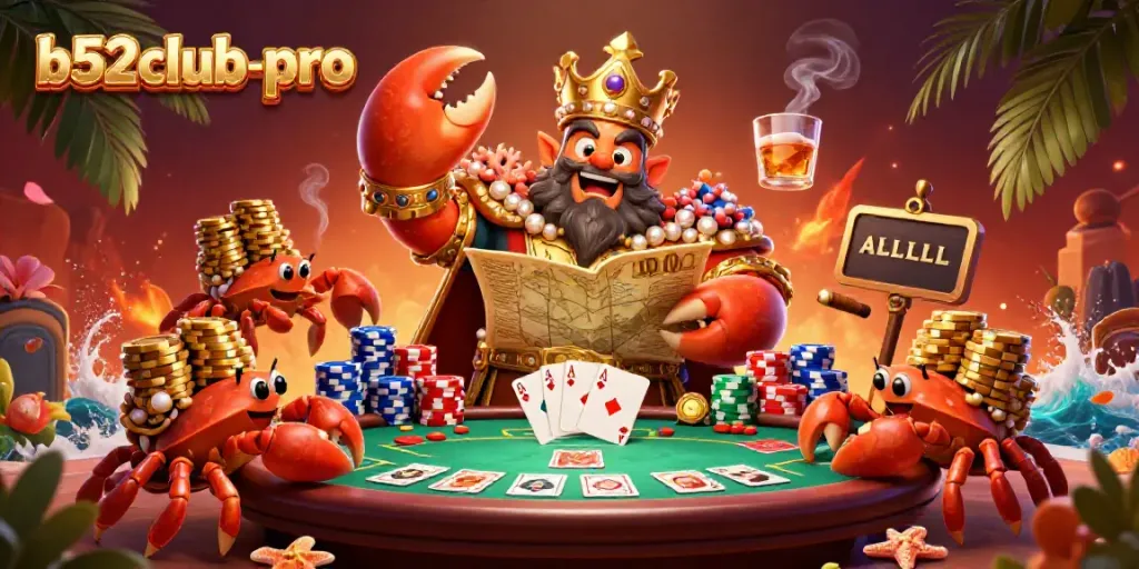 Experience the vibrant b52club-pro world with the golden crab emperor and poker elements.