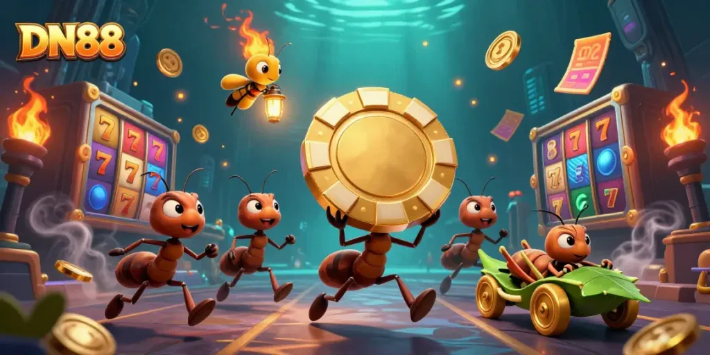 Experience DN88's thrilling game adventure with ants heisting a massive poker chip in a vibrant slots world.